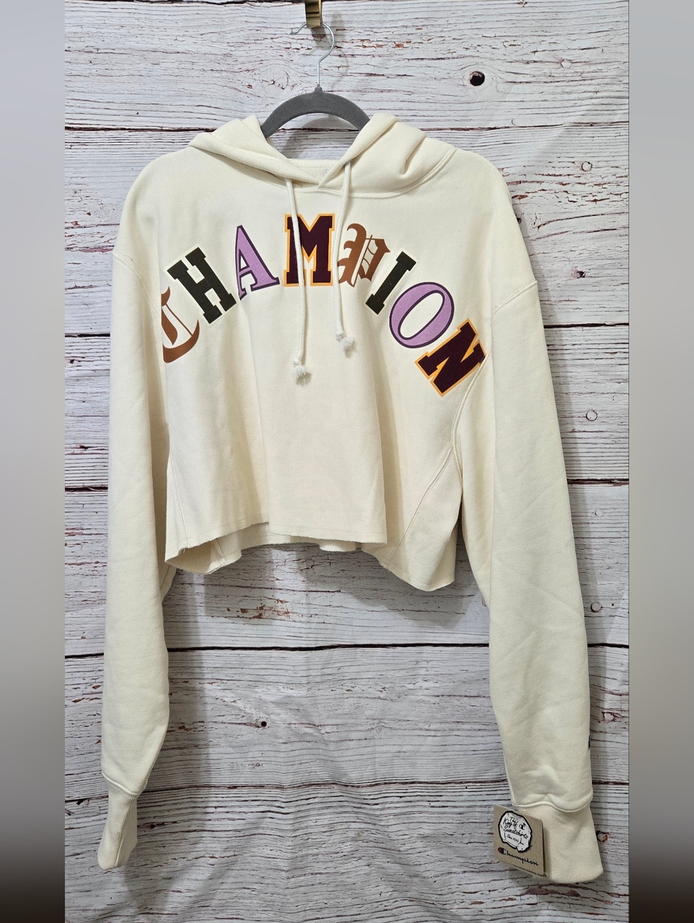 Champion Reverse Weave Cropped Hoodie Large Cream Champion Graphic